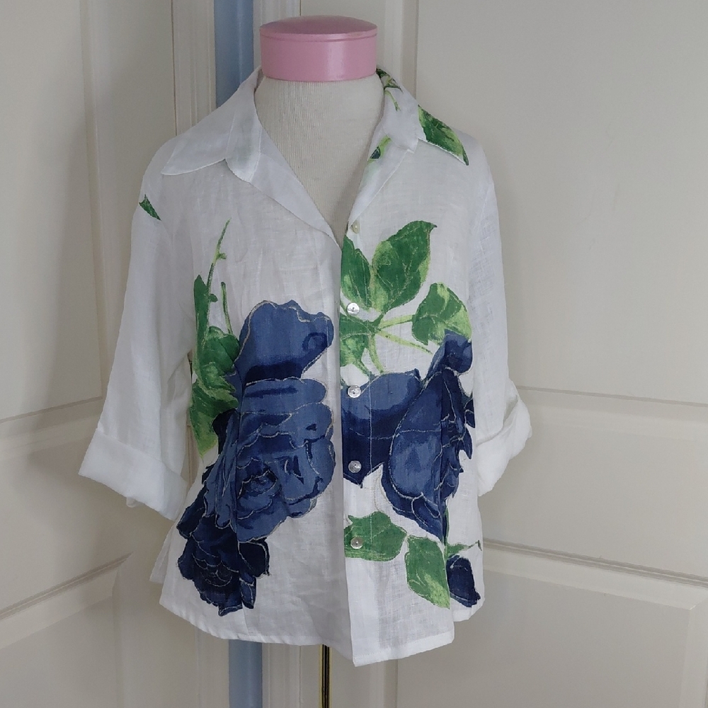 Sagimar Floral Button Down 100% Linen Shirt Blue, White Sz S